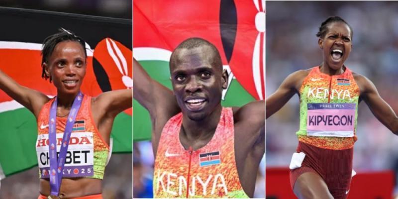 A collage of Beatrice Chebet, Emmanuel Wanyonyi, and Faith Kipyegon.